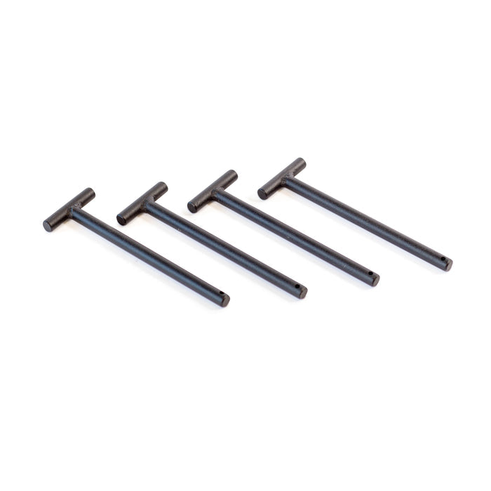 Four Bells of Steel Standard Band Pegs are arranged diagonally on a white background, each spaced evenly apart and facing the same direction. These metal pegs are commonly used as band pegs for resistance training on power racks.