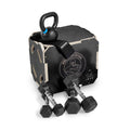 The Bells of Steel Strength Circuit Starter Kits—featuring a black plyo box, kettlebell, resistance band, and three hex dumbbells—are neatly arranged on a white background.