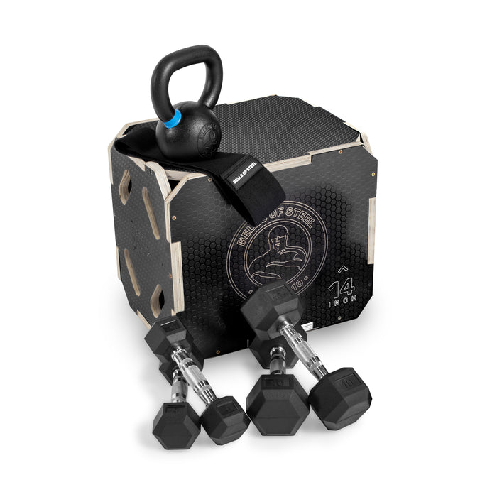 The Bells of Steel Strength Circuit Starter Kits—featuring a black plyo box, kettlebell, resistance band, and three hex dumbbells—are neatly arranged on a white background.