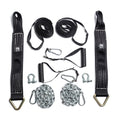The Bells of Steel Suspension Spotter Straps And Bodyweight System is displayed on a white background, featuring black straps with handles, metal chains, carabiners, hooks, and safety spotter straps with reinforced stitching and metal ends for secure home gym attachment.