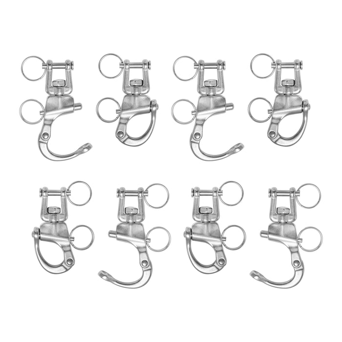 Eight Swivel Shackles from Bells of Steel USA, resembling mini shackles, are displayed in two rows on a white background. Each stainless steel clip features a spring-loaded clasp and circular ring, ideal for attaching accessories to your gym's cable machine setup.