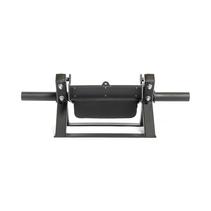 The Bells of Steel Tibialis Trainer Machine is a black metal strongman yoke with adjustable barbell supports. It features two horizontal bars and a base, designed for strength training exercises, all set against a plain white background.