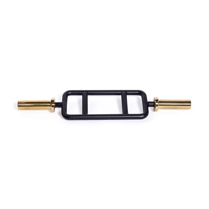The Bells of Steel Tricep Bar, a black rectangular bar with a Cerakote finish and two gold cylindrical sleeves, features ergonomic handles for improved grip and is displayed on a plain white background.