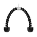The Bells of Steel Tricep Rope Extension features a black twisted rope with rubberized ends and a central metal hook, perfect for tricep workouts and extensions, shown isolated on a white background.