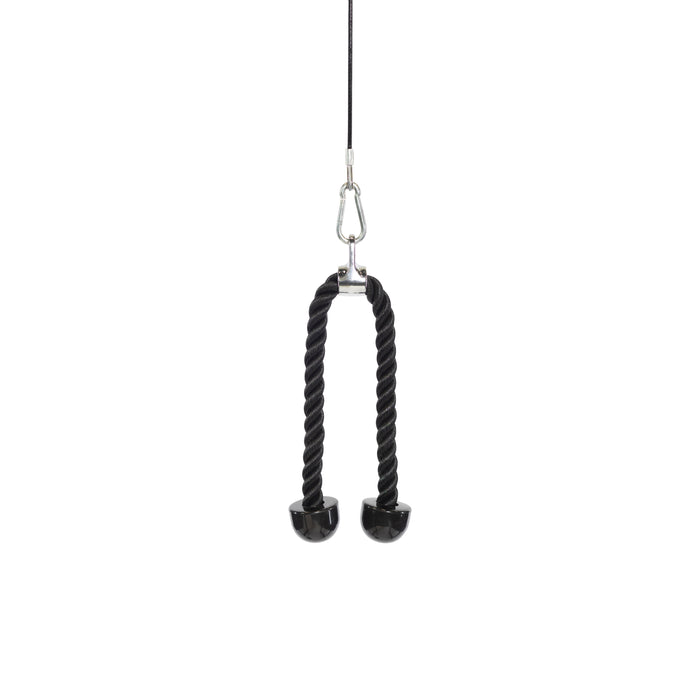 The Bells of Steel Tricep Rope Extension, featuring a black twisted rope with rubber end caps, hangs vertically from a metal clip against a white background—ideal as a cable machine attachment for tricep workouts.
