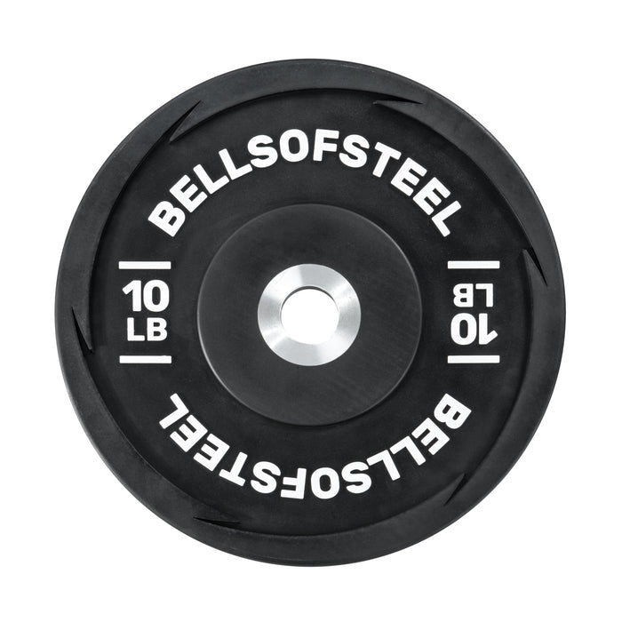 A 10 LB black urethane bumper plate from Bells of Steel, with the brand name inscribed in white, features a silver center hole for Olympic weightlifting barbells.