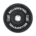 A 10 LB black urethane bumper plate from Bells of Steel, with the brand name inscribed in white, features a silver center hole for Olympic weightlifting barbells.