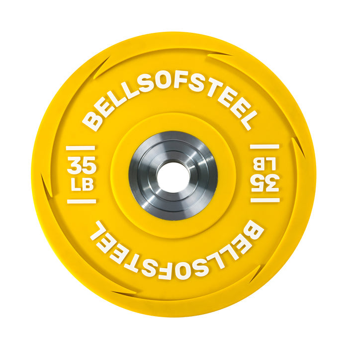 The Bells of Steel Urethane Bumper Plates are bright yellow with "35 LB" marked on both sides and feature a central metal insert, making them perfect for Olympic weightlifting and intense training sessions.