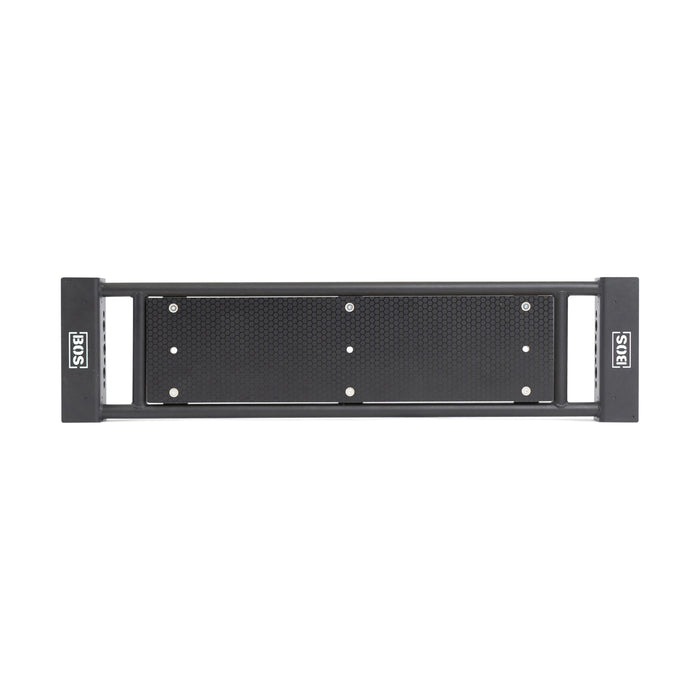 The Bells of Steel Utility Seat for Hydra/Manticore is a black metal step with a textured surface and side brackets, labeled "SGS" on both ends, ideal for 3x3 racks and shown from above against a white background.