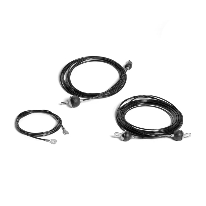 Three coiled black V1 Selectorized All-in-One Trainer Cables (Part #30, #31, #32) by Bells of Steel USA, each a different length with metal loop connectors and black plastic ends, displayed on a white background.
