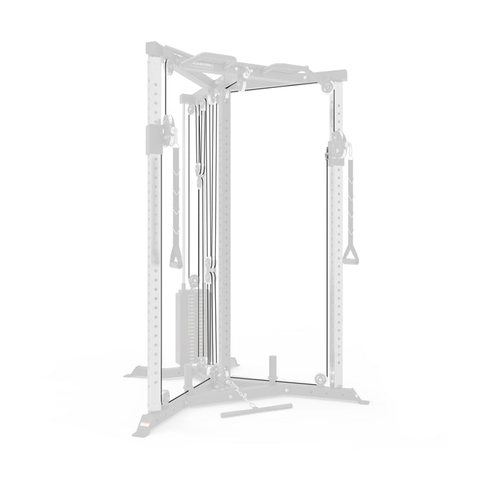 The Bells of Steel USA V1 Selectorized All-in-One Trainer Cables (#30, #31, #32) feature two vertical weight stacks, pulleys, and adjustable handles on a silver frame with a stable rectangular base—ideal for strength training.