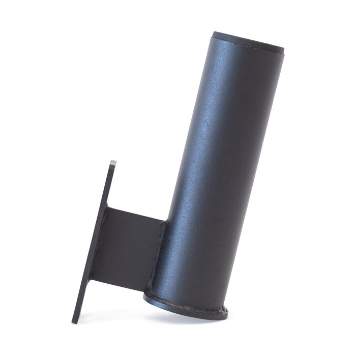The Bells of Steel Vertical Mount Barbell Holder Rack Attachment is a black, cylindrical metal holder with a slanted tube and flat rectangular mounting plate, perfect for power rack setups and home gym organization, shown on a white background.