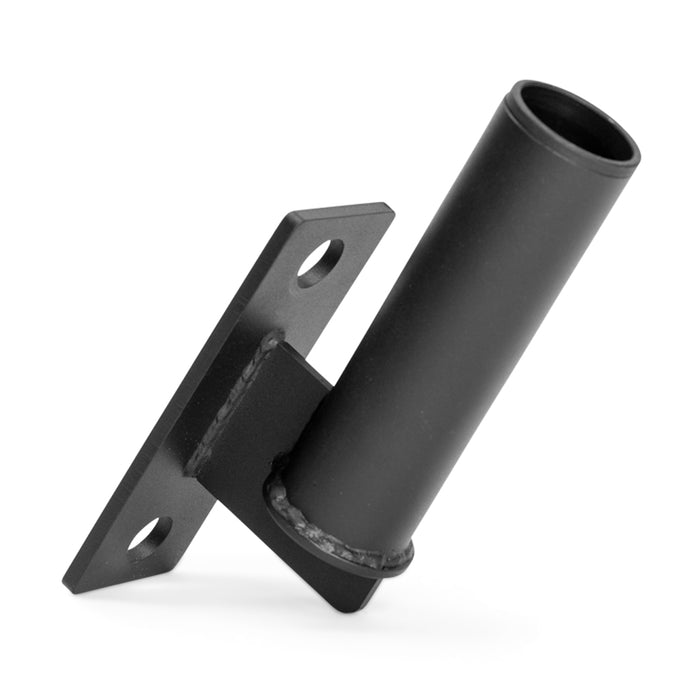The Bells of Steel Vertical Mount Barbell Holder Rack Attachment is a black angled metal bracket with a cylindrical tube welded to a rectangular plate with two screw holes, designed for efficient barbell storage on walls or flat surfaces.