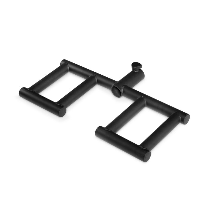 The Bells of Steel Viking Press Attachment is a black metal gym accessory with two rectangular grips and a central connector with securing knob, designed for weightlifting or landmine exercises. Minimal, functional design.
