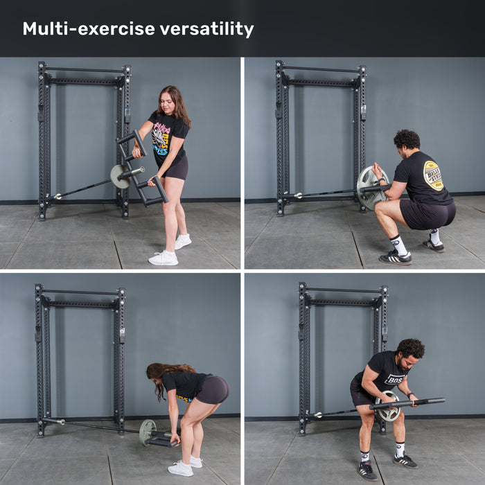 Four photos show a woman and man demonstrating exercises with the Bells of Steel Viking Press Attachment and Olympic bar in a squat rack, showcasing its multi-exercise versatility. Text at top reads "Multi-exercise versatility.
