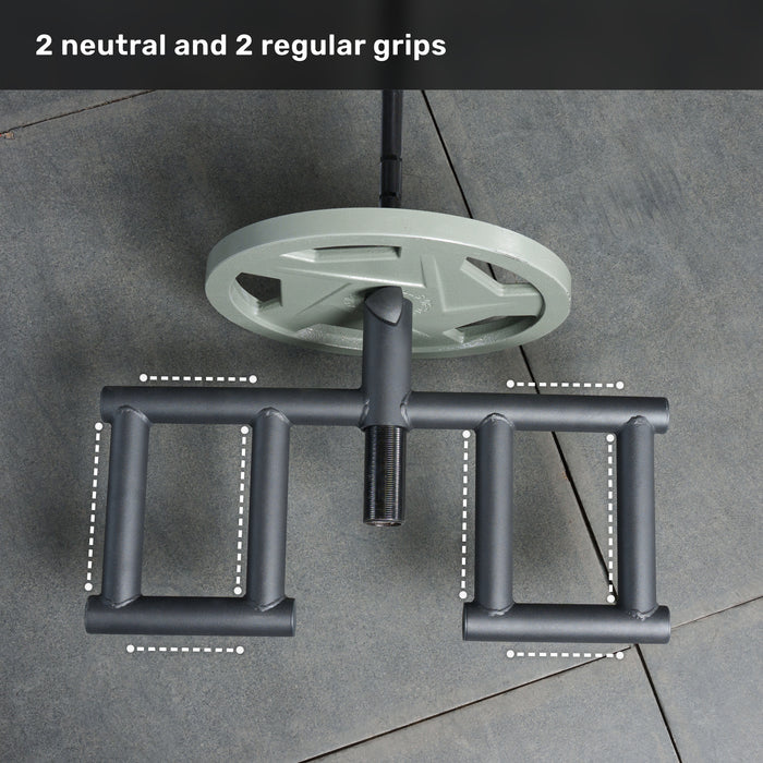 Overhead view of the Bells of Steel Viking Press Attachment for Olympic bars, showing two neutral and two regular grips—each outlined with dashed lines—attached to a weight plate. Text above reads: "2 neutral and 2 regular grips.