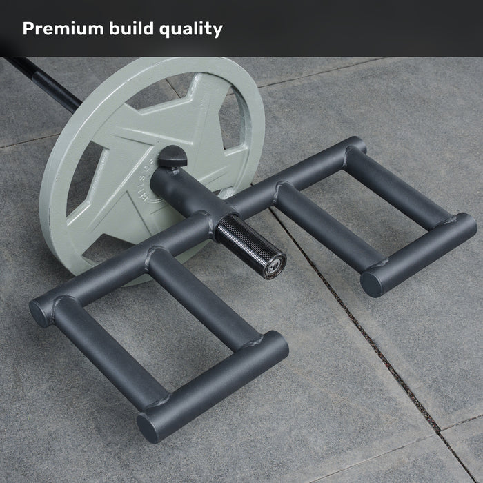 A close-up of the Bells of Steel Viking Press Attachment loaded on a trap bar, highlighting its quad handle grips and premium build quality. Compatible with landmine and Viking Press Attachments.