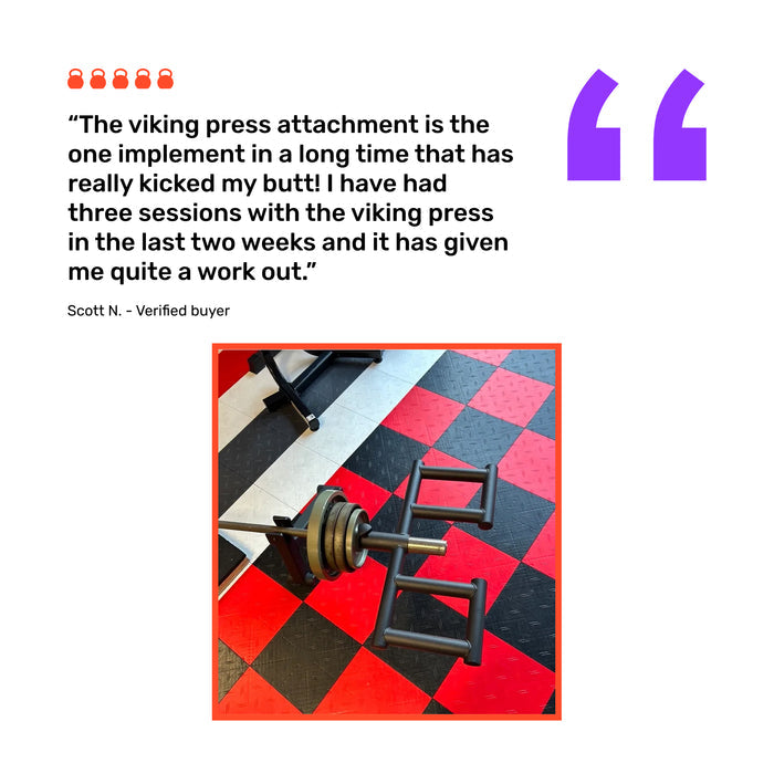 A customer praises the Bells of Steel Viking Press Attachment, pictured secured to a landmine with an Olympic bar and weight plates on a distinctive red and black gym floor.