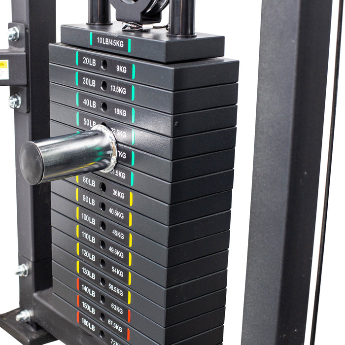 Close-up of the Bells of Steel Weight Stack Pin inserted at 50 lb/22.5 kg on a gym stack, showing plates labeled from 10 lb/4.5 kg to 130 lb/59 kg—ideal for cable machine attachments and micro loading adjustments.