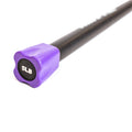 A Bells of Steel Weighted Workout Body Bar, featuring a black body with a purple end cap labeled "5LB," rests on a white surface, showcasing essential strength training gear.