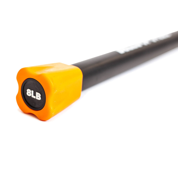 A close-up features a Bells of Steel Weighted Workout Body Bar, in black with an orange end cap labeled "8 LB," diagonally placed on a white background, highlighting essential fitness gear for enthusiasts.