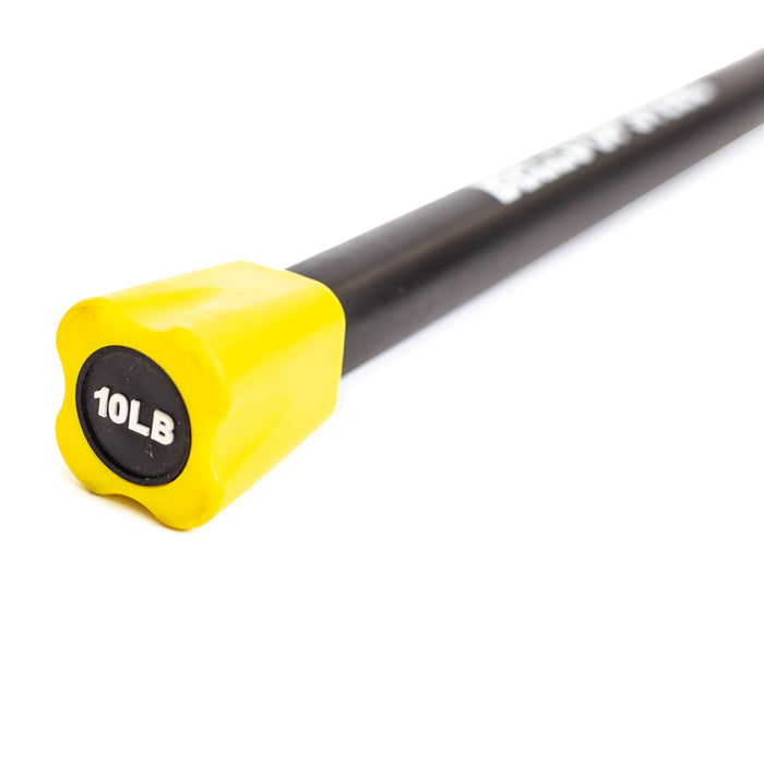 The Bells of Steel Weighted Workout Body Bar, in black and yellow with a round yellow end marked "10 LB," is set diagonally on a white background. It's an essential tool for strength training, adding weight and resistance to workouts.