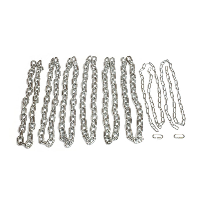 Eight Bells of Steel Weightlifting Chains, rust-resistant and varying in thickness and length, are arranged in a row on a white background, with two separate metal chain links placed on the right.