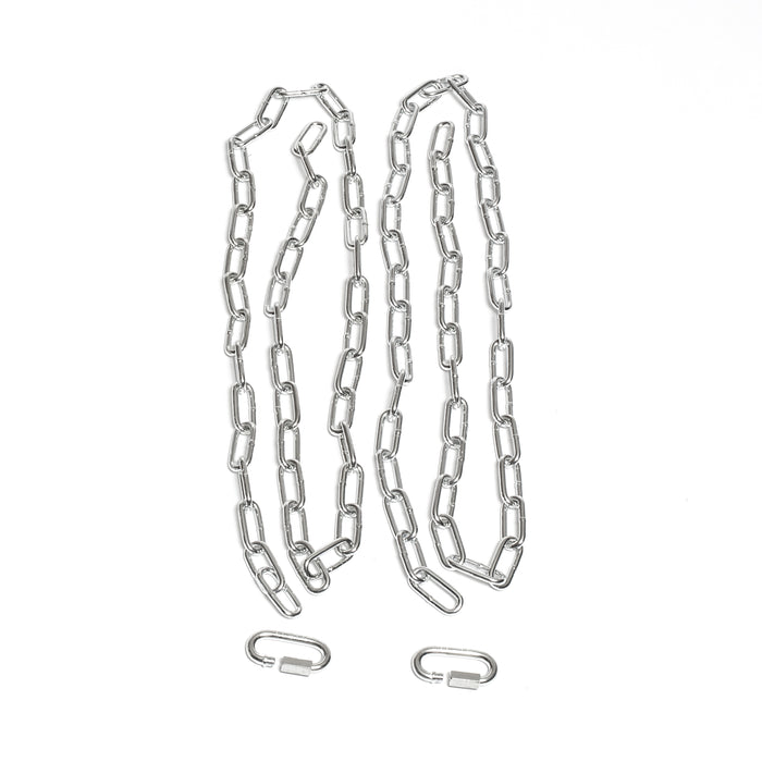 Two Bells of Steel Weightlifting Chains with large oval rust-resistant links lie parallel on a white background, with two matching metal chain links below—perfect for progressive resistance training.
