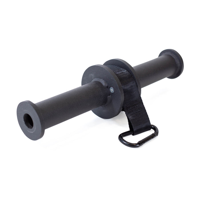 The Bells of Steel Wrist Roller and Rack Attachment is a black cylindrical grip strength device with a central handle, two flared ends, and a strap with a metal carabiner, shown against a plain white background.