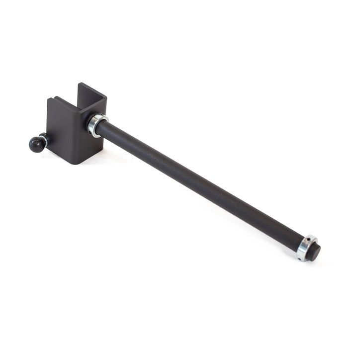 The Bells of Steel Wrist Roller and Rack Attachment is a black metal bracket with a long cylindrical rod, featuring a knob on one side and metal rings for adjustability. It serves as mounting or support for enhancing grip strength exercises.
