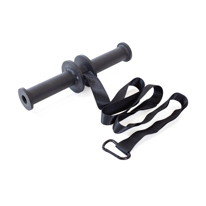 The Bells of Steel Wrist Roller and Rack Attachment is a black cylindrical handle with dual grips, a long black strap, and metal carabiner, designed to boost grip strength during fitness or resistance training.